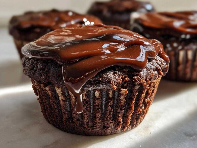 Close-up of a moist Espresso Brownie Cupcakes topped with thick, glossy chocolate ganache dripping down the side.
