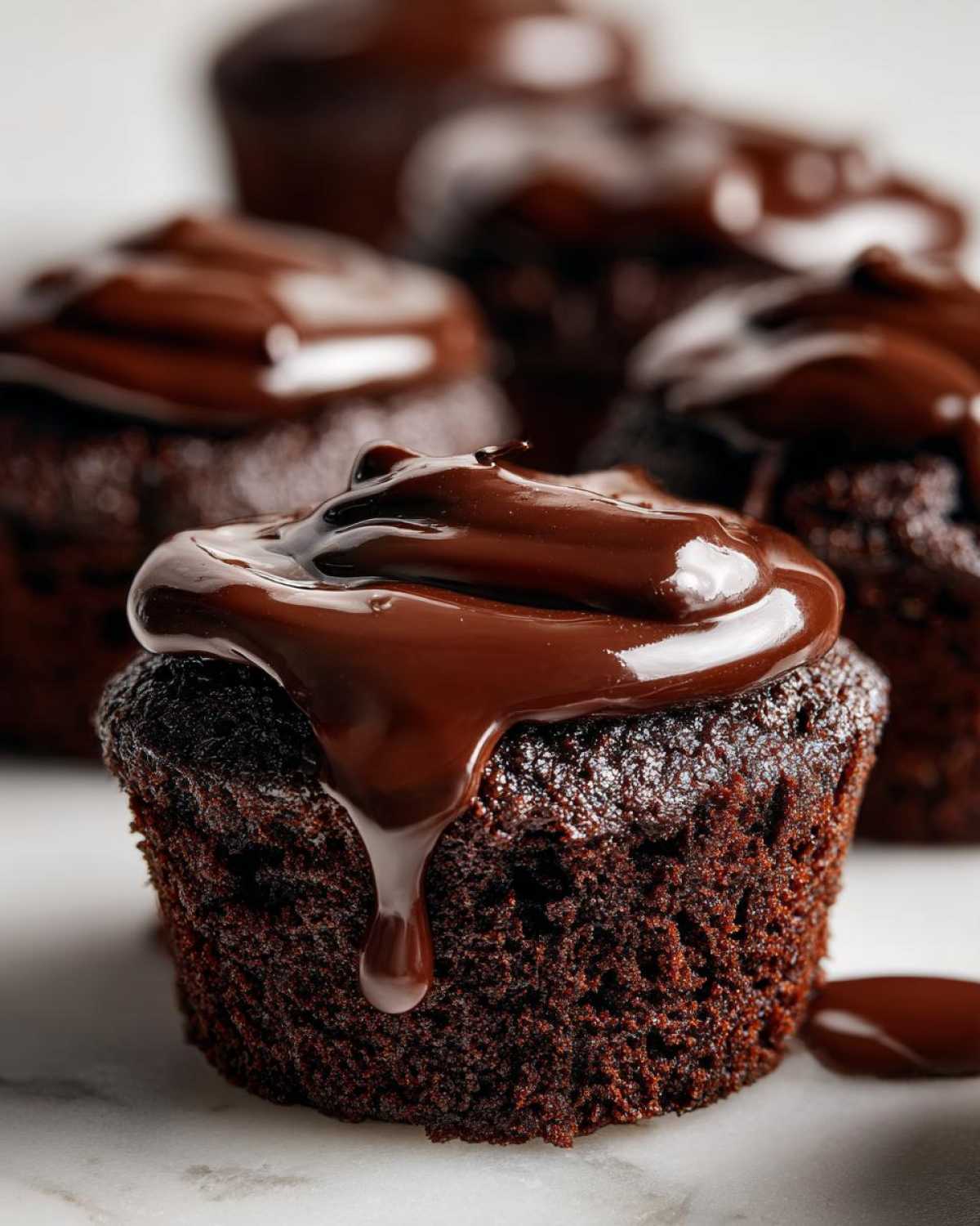 Close-up of a rich, dark Espresso Brownie Cupcake topped with glossy, dripping chocolate ganache.