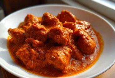 Close-up of tender chicken pieces swimming in a vibrant, orange-red sauce of Butter Chicken, served in a white bowl.