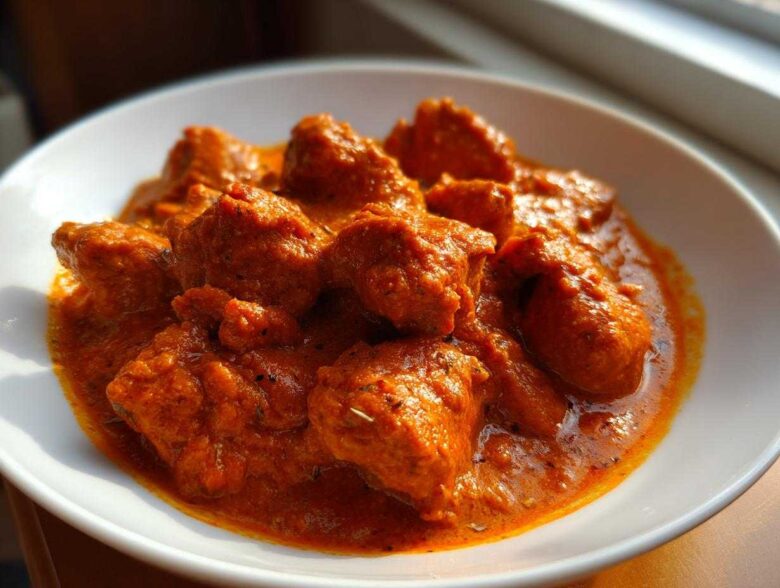 Close-up of tender chicken pieces swimming in a vibrant, orange-red sauce of Butter Chicken, served in a white bowl.