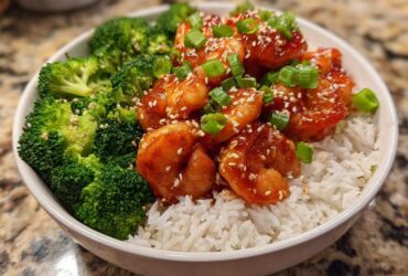 Close-up of a white bowl filled with Honey Garlic Shrimp Bowls, featuring glazed shrimp over white rice and steamed broccoli, garnished with sesame seeds and green onions.