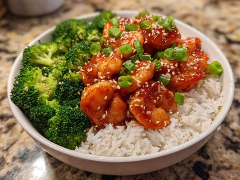 Close-up of a white bowl filled with Honey Garlic Shrimp Bowls, featuring glazed shrimp over white rice and steamed broccoli, garnished with sesame seeds and green onions.