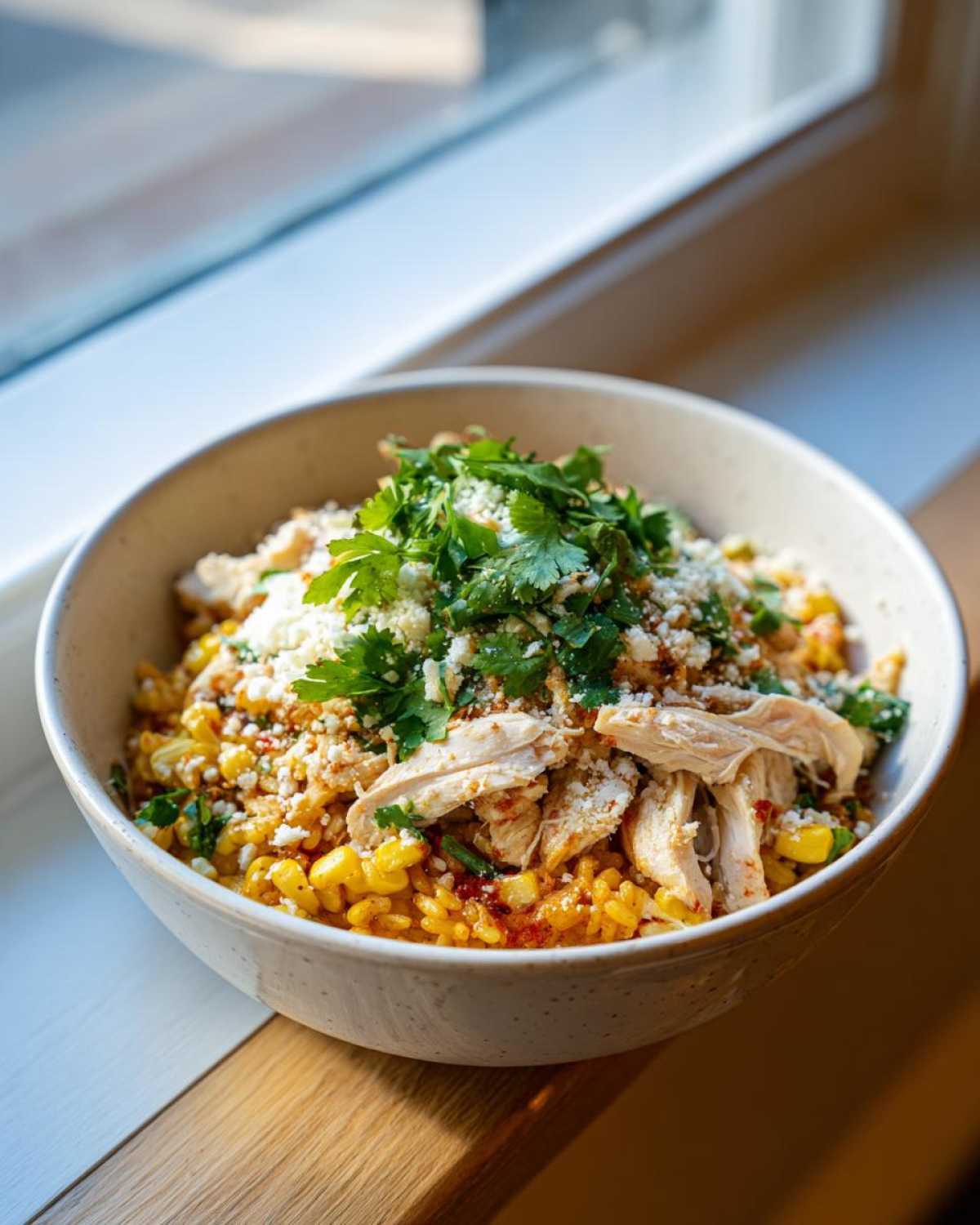 Close-up of a bowl containing the Flavor: Street Corn Chicken Rice Bowl, topped with shredded chicken, cheese, and cilantro.