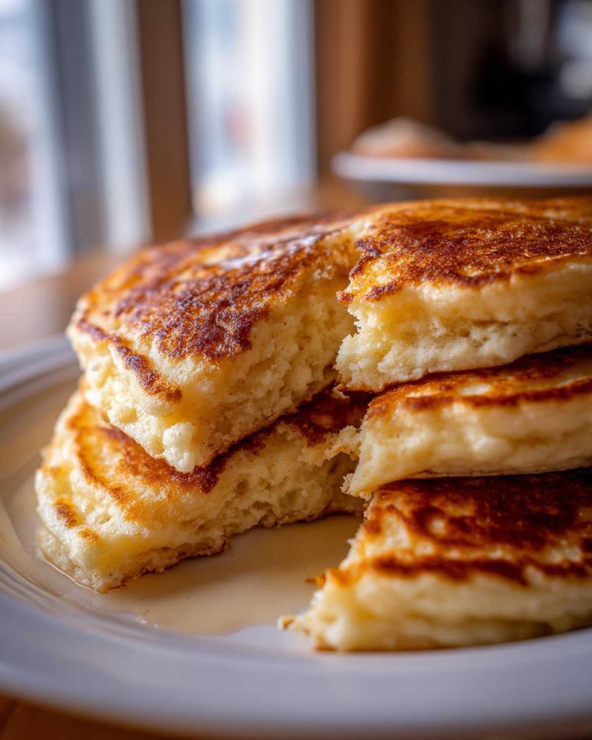 Close-up of a stack of fluffy Buttermilk Pancakes with a piece broken off, showing the airy interior and golden-brown edges.