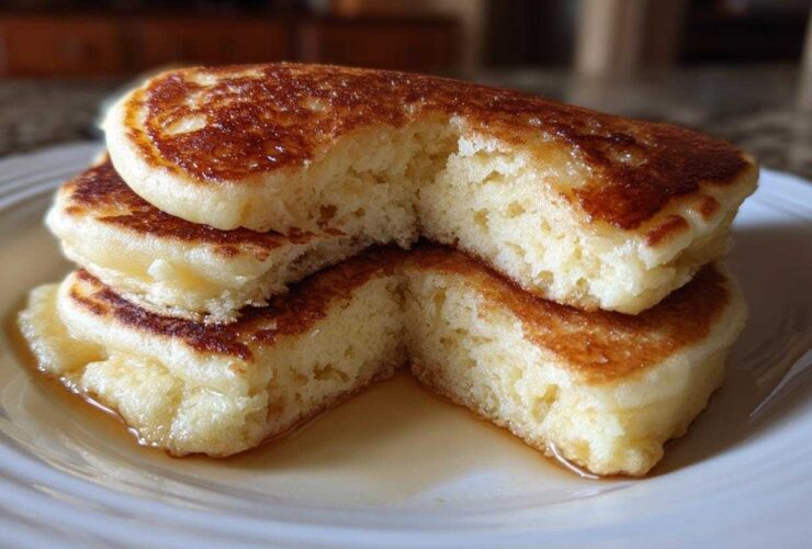 Close-up of a stack of three fluffy buttermilk pancakes, cut open to show the airy interior, drizzled with syrup.