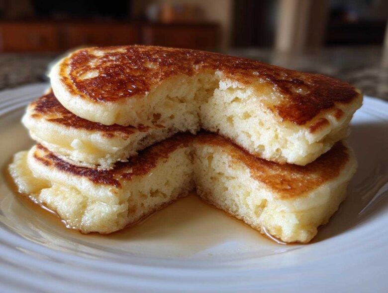 Close-up of a stack of three fluffy buttermilk pancakes, cut open to show the airy interior, drizzled with syrup.