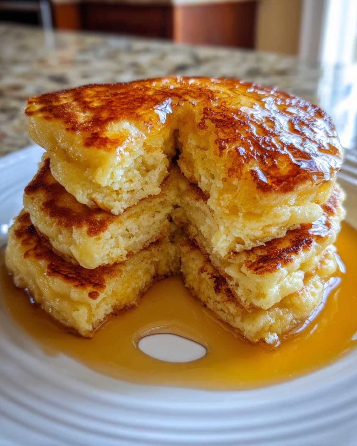 Close-up of a stack of fluffy Buttermilk Pancakes cut open, drenched in golden syrup on a white plate.