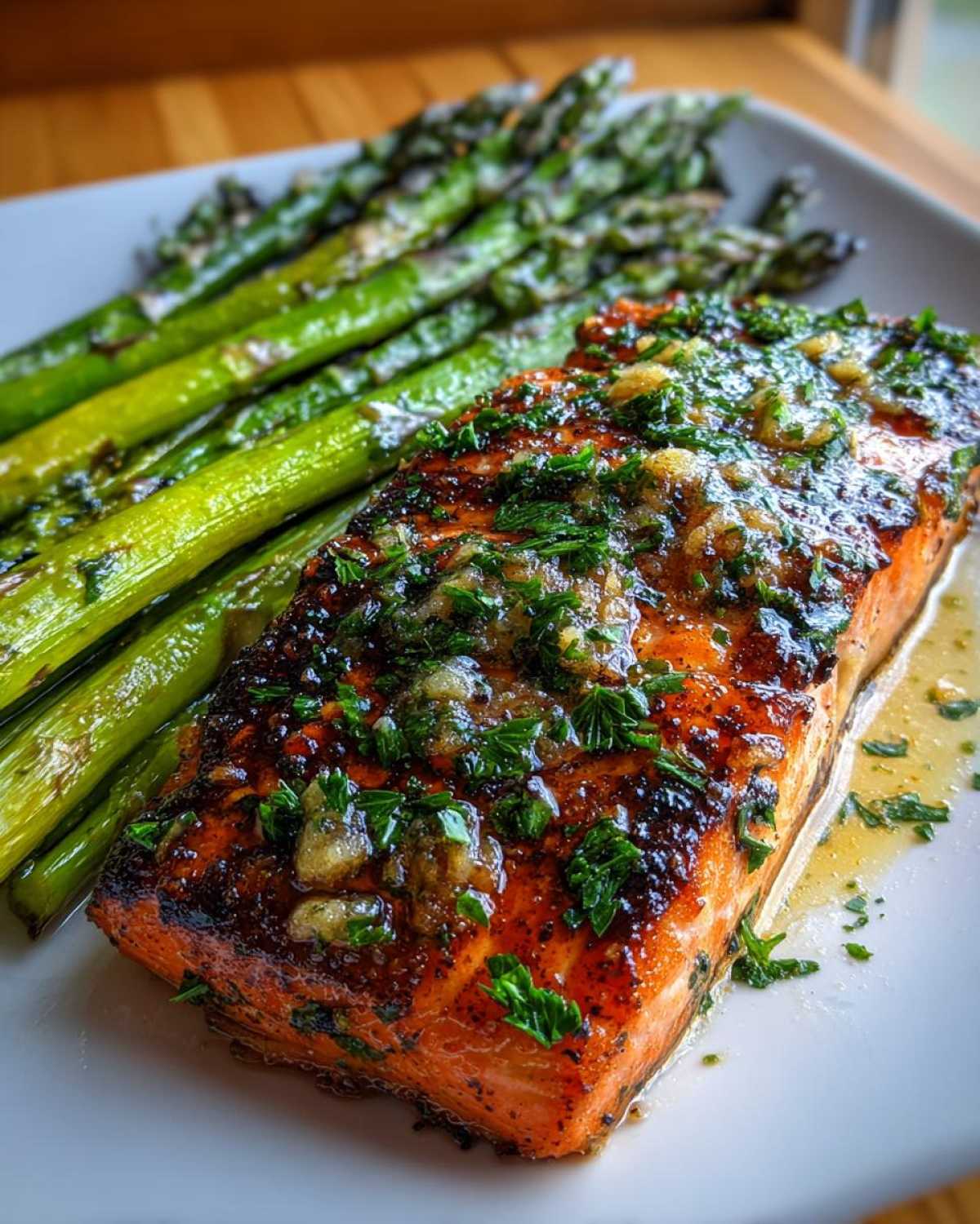 Close-up of a perfectly cooked Garlic Butter Baked Salmon Dinner topped with garlic and parsley, served next to roasted asparagus.