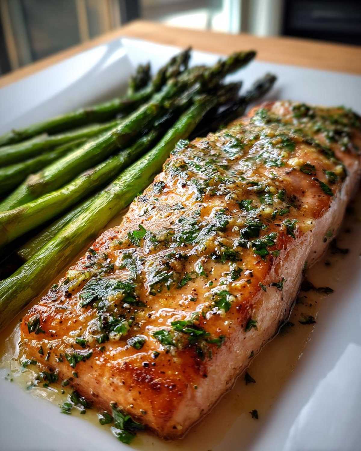 Close-up of a perfectly cooked Garlic Butter Baked Salmon Dinner fillet topped with herbs and butter sauce, served next to roasted asparagus.