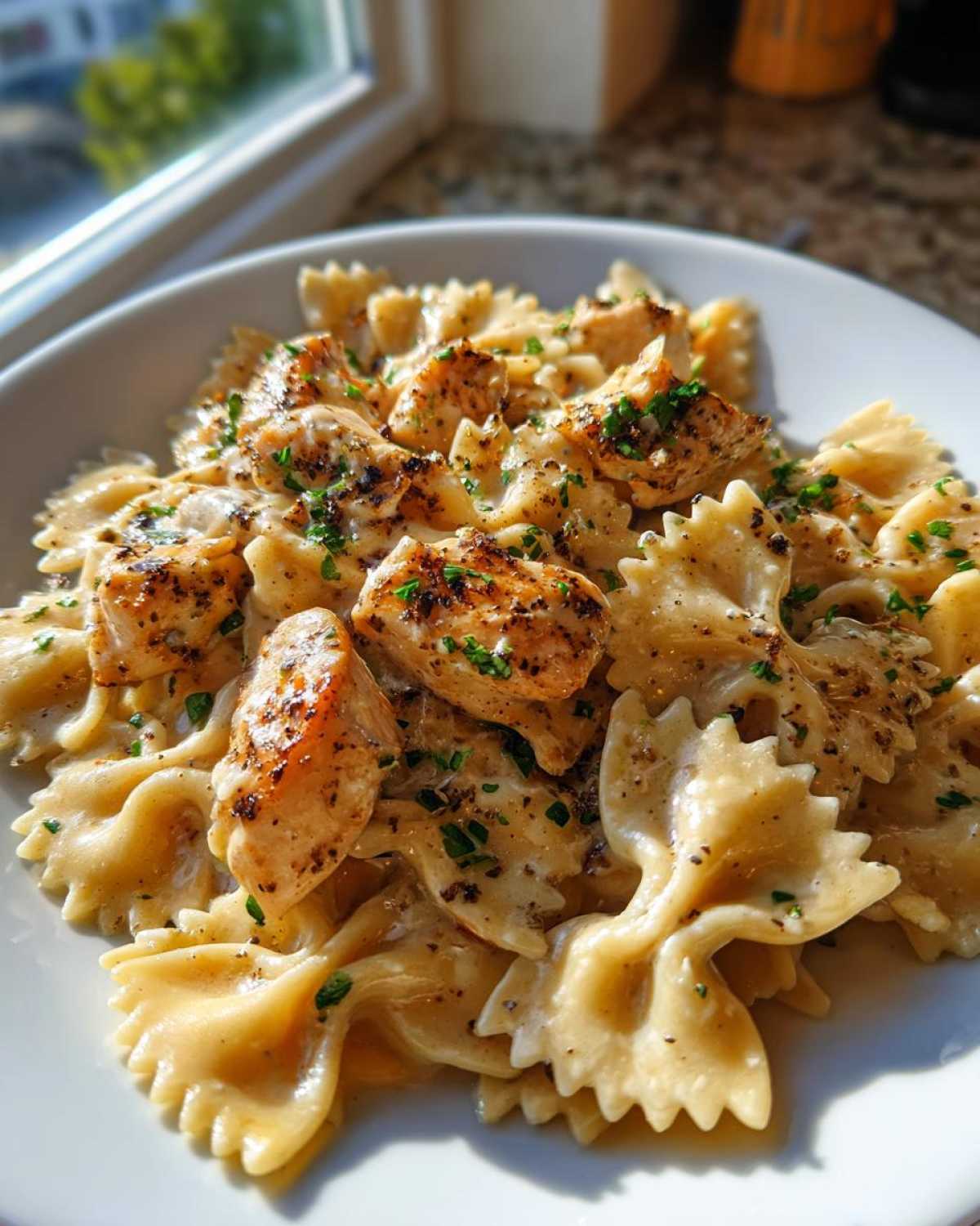 A close-up of Garlic Butter Chicken Bowtie Pasta coated in a creamy sauce and topped with seared chicken pieces and herbs.