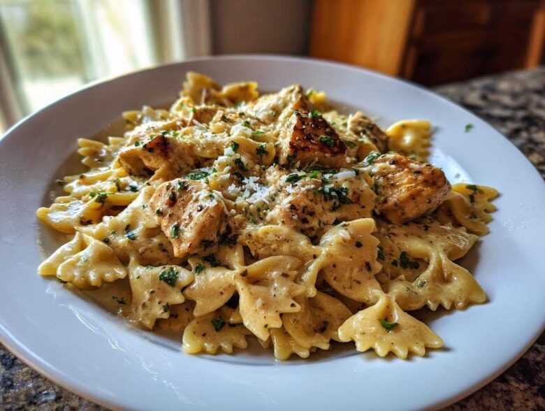 A close-up of Garlic Butter Chicken Bowtie Pasta served in a creamy sauce, topped with herbs and Parmesan cheese.