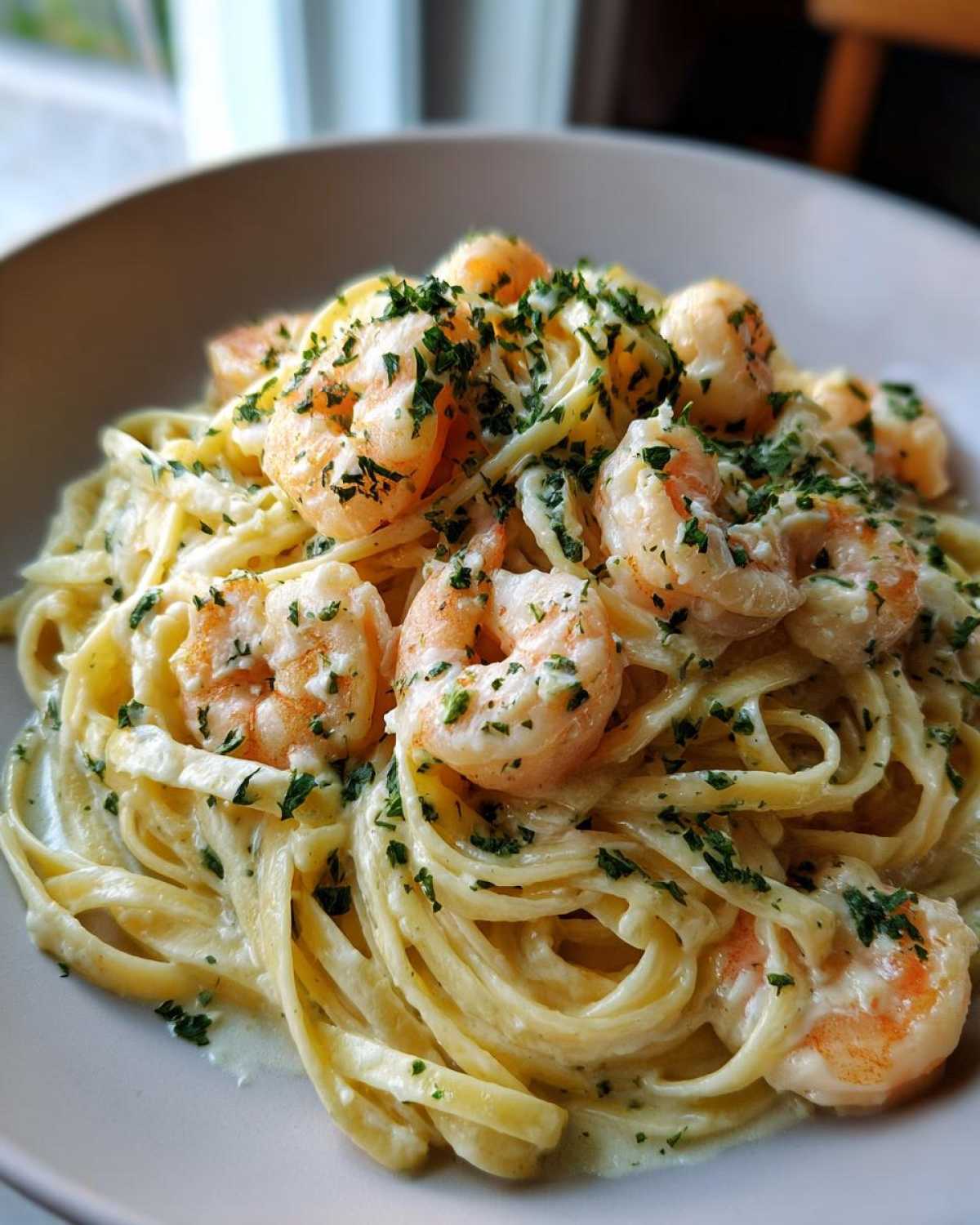 A close-up of creamy Garlic Butter Shrimp Pasta tossed with fettuccine and topped with fresh parsley.
