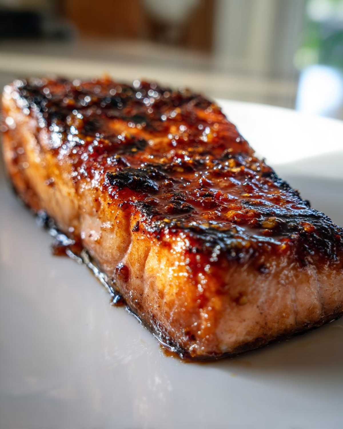 Close-up of a perfectly cooked Texas Roadhouse Salmon Copycat fillet with a thick, glossy, caramelized glaze.