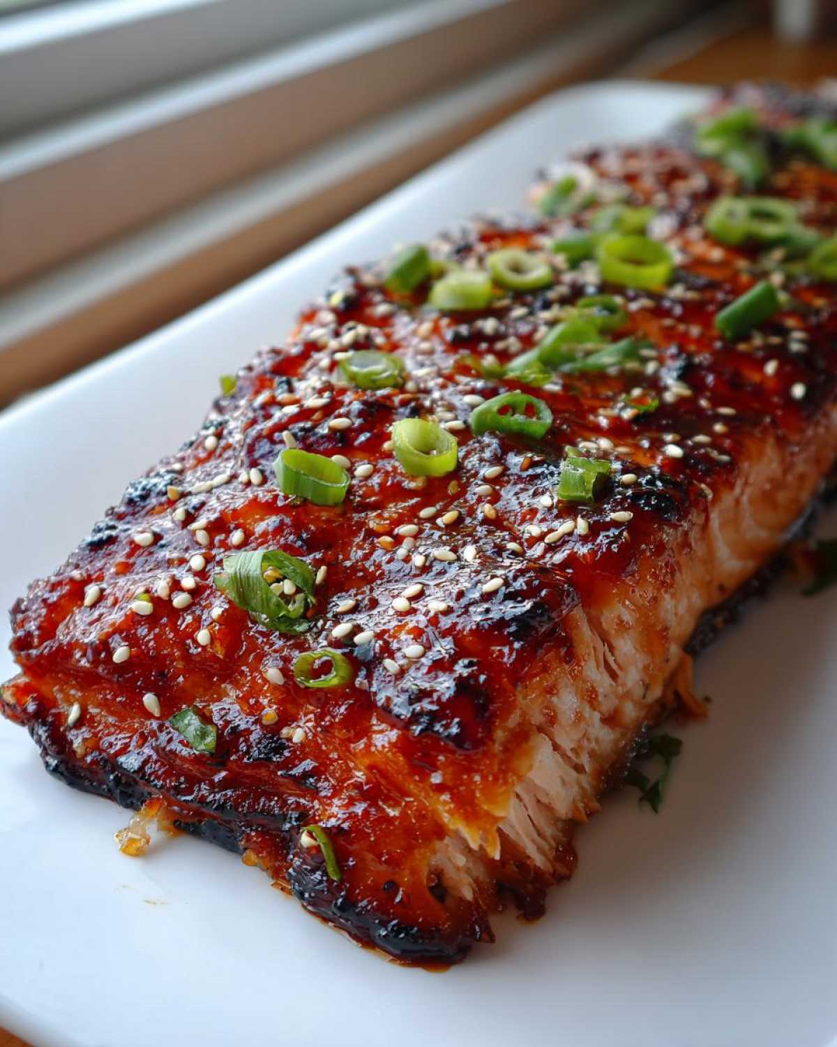 Close-up of a perfectly cooked Gochujang Honey Glazed Salmon fillet topped with sesame seeds and green onions.