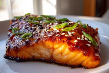 Close-up of a perfectly cooked Gochujang Honey Glazed Salmon fillet topped with sesame seeds and green onions.