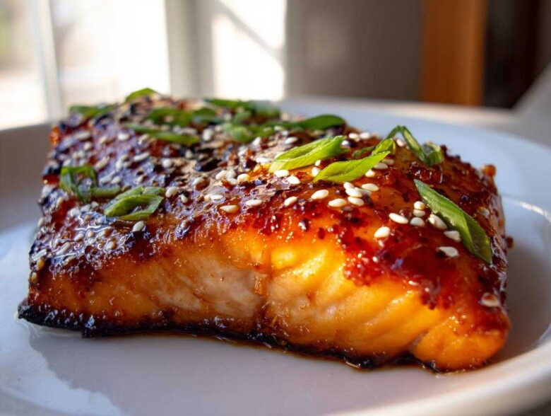 Close-up of a perfectly cooked Gochujang Honey Glazed Salmon fillet topped with sesame seeds and green onions.