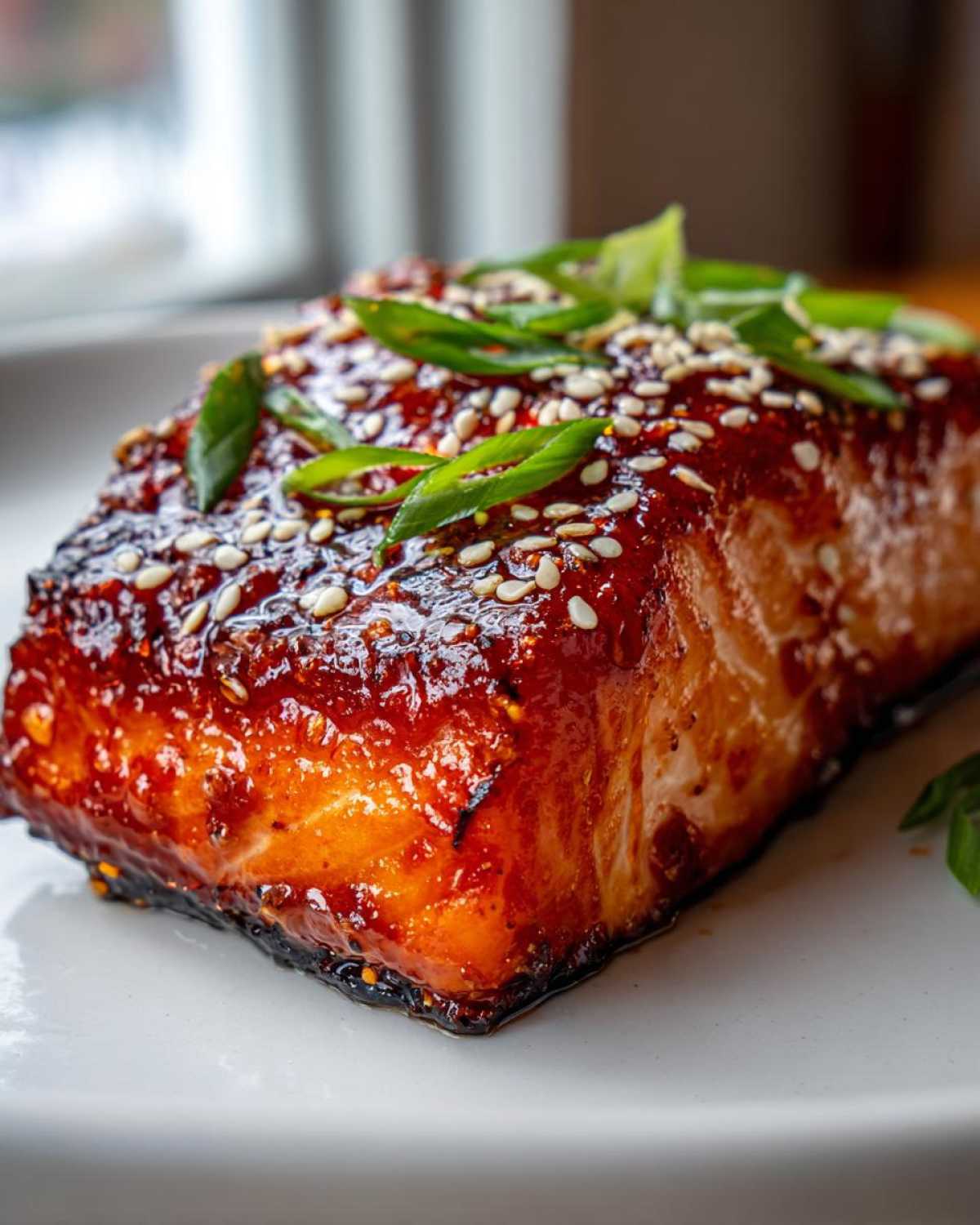 Close-up of a perfectly cooked Gochujang Honey Glazed Salmon fillet topped with sesame seeds and sliced green onions.