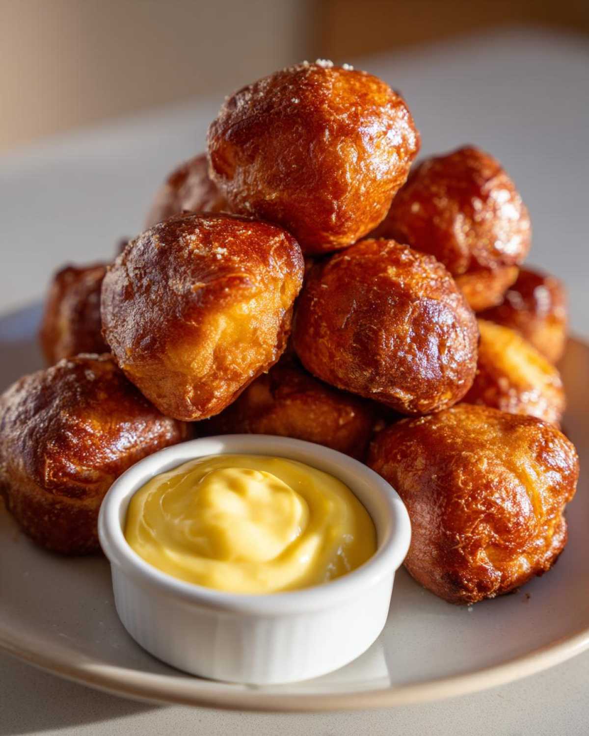 A towering stack of golden brown Pretzel Bites sprinkled with salt, served next to a small white ramekin of bright yellow beer cheese dip.