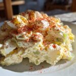 A mound of Grandma's Classic Creamy Potato Salad, featuring potatoes, eggs, celery, and a dusting of red paprika.