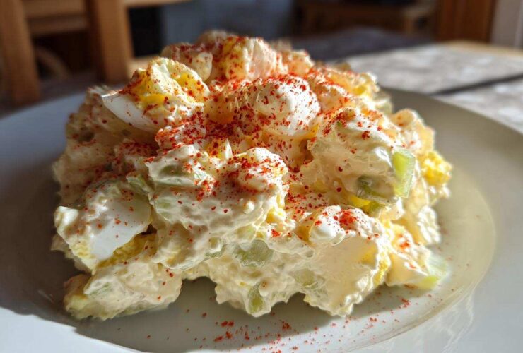A mound of Grandma's Classic Creamy Potato Salad, featuring potatoes, eggs, celery, and a dusting of red paprika.