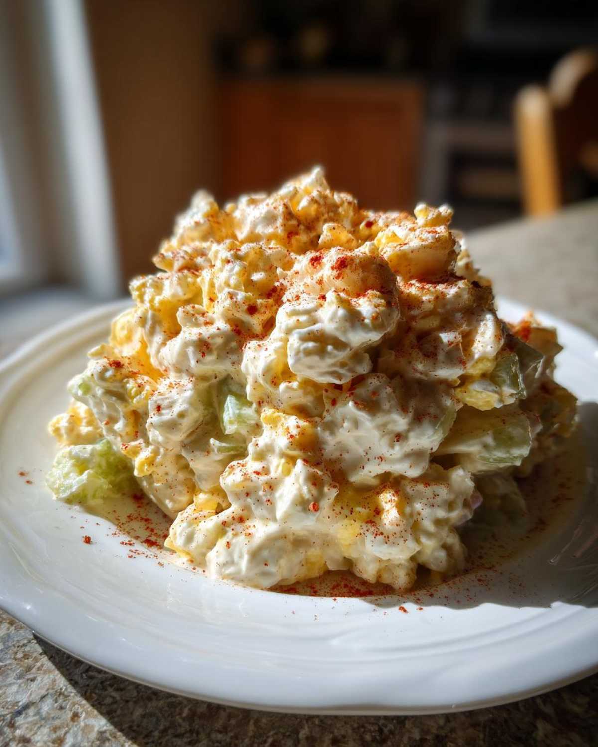 A generous mound of Grandma's Classic Creamy Potato Salad topped with paprika, served on a white plate.
