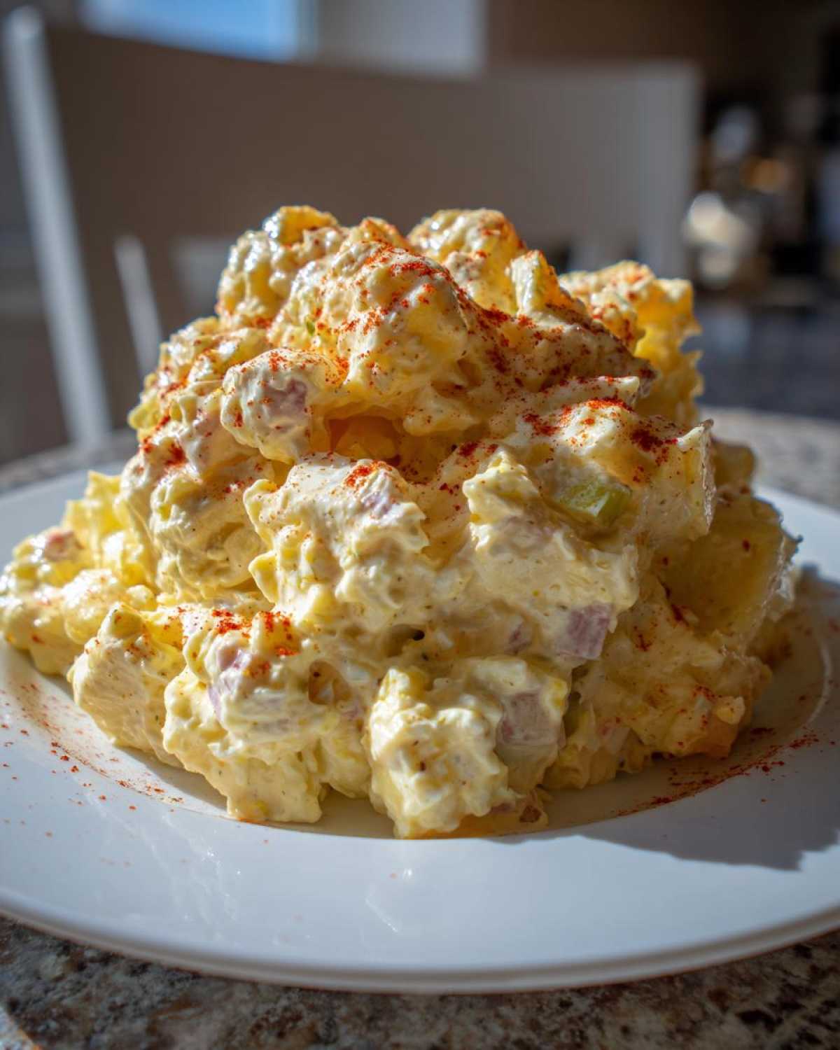 A generous mound of Grandma's Classic Creamy Potato Salad topped with paprika, served on a white plate.
