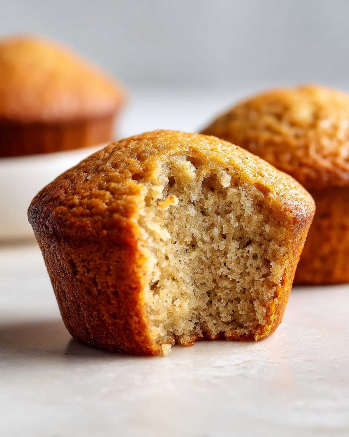 Close-up of a moist Greek Yogurt Banana Muffin with a bite taken out, showing the soft, fluffy interior texture.