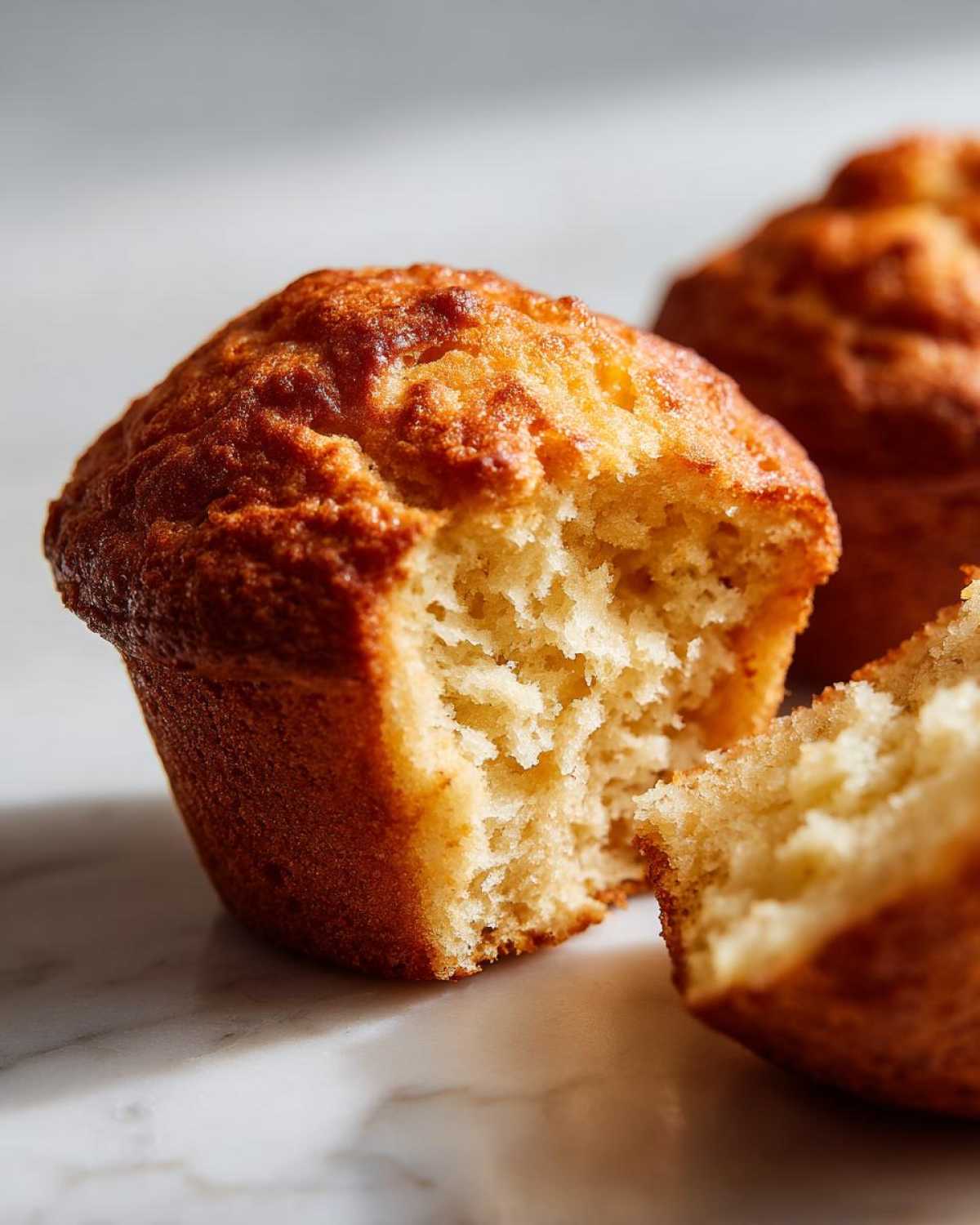 Close-up of a fluffy Greek Yogurt Banana Muffins torn in half, showing the moist, golden interior texture.