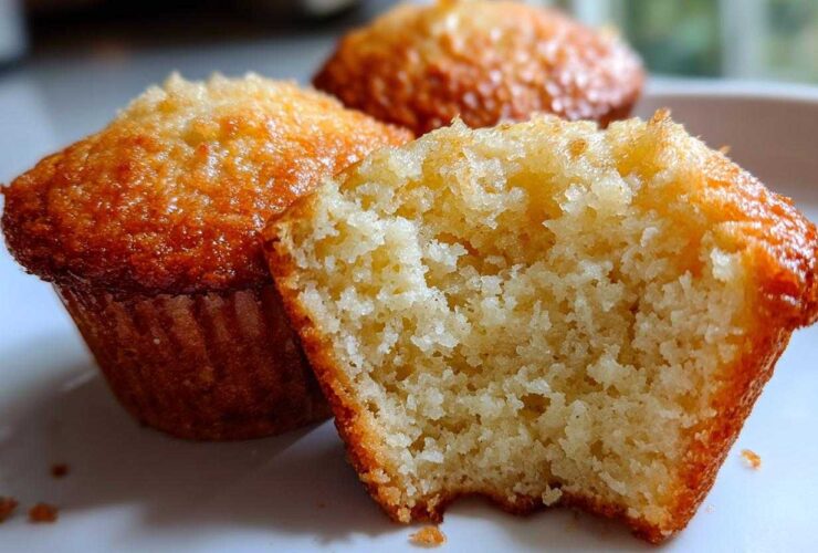 Close-up of a Greek Yogurt Banana Muffin cut in half showing its moist, fluffy interior texture.
