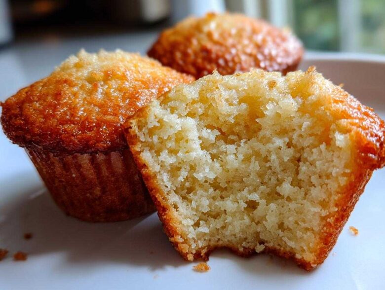 Close-up of a Greek Yogurt Banana Muffin cut in half showing its moist, fluffy interior texture.