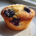 Close-up of a golden-brown Greek Yogurt Blueberry Muffin topped generously with coarse sugar crystals.