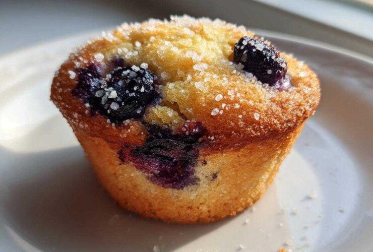 Close-up of a golden-brown Greek Yogurt Blueberry Muffin topped generously with coarse sugar crystals.