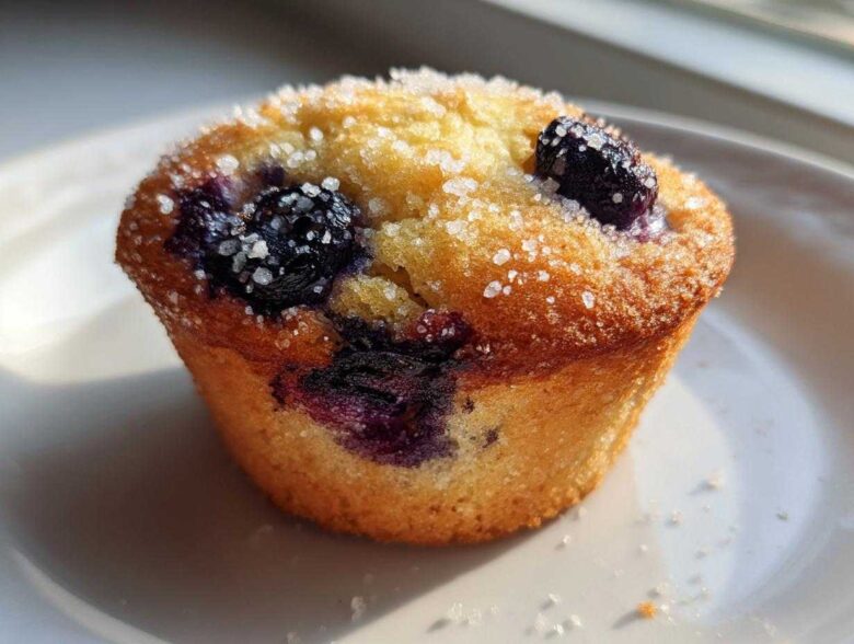 Close-up of a golden-brown Greek Yogurt Blueberry Muffin topped generously with coarse sugar crystals.