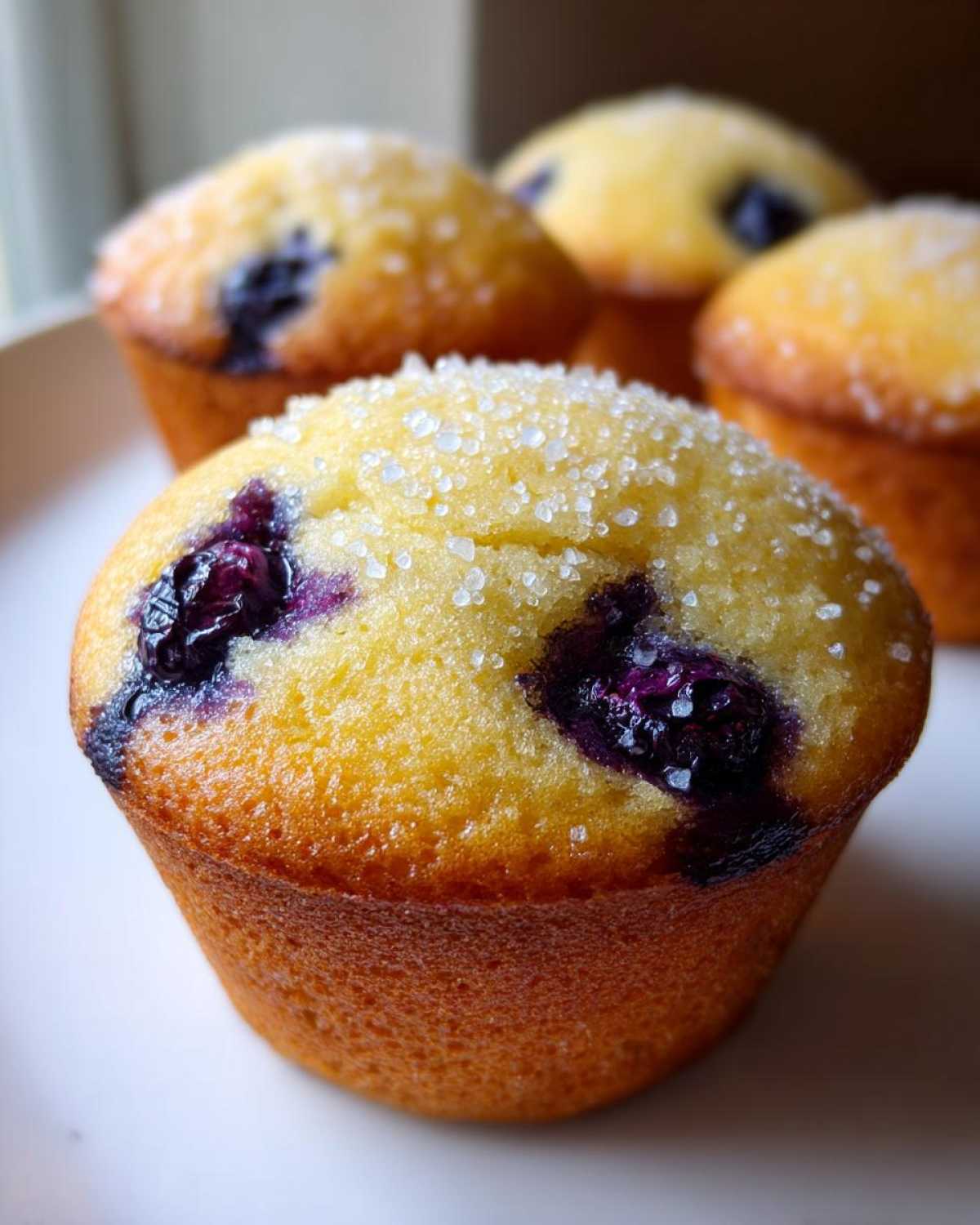A close-up of a freshly baked Greek Yogurt Blueberry Muffin topped with coarse sugar crystals.