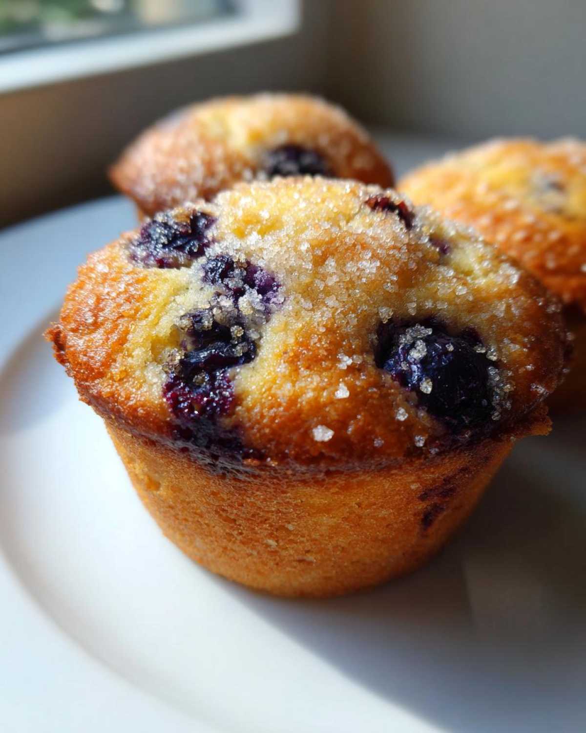 Close-up of a golden Greek Yogurt Blueberry Muffin topped with coarse sugar crystals.