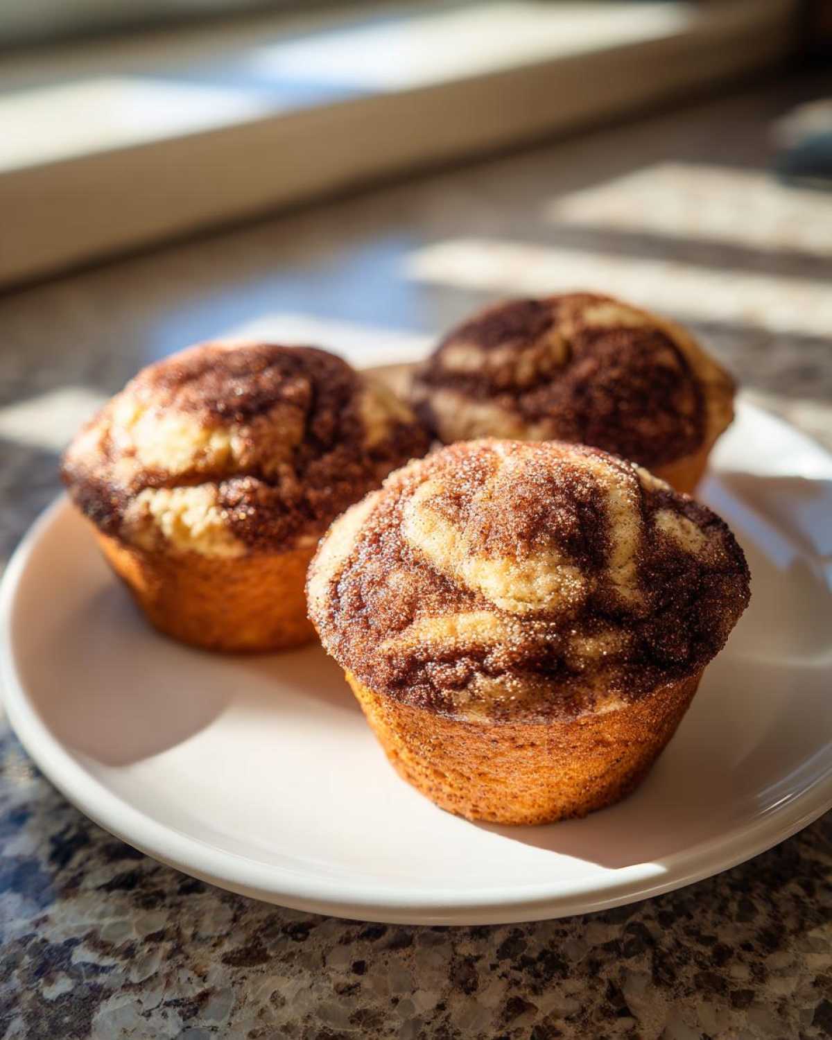 Three freshly baked Greek Yogurt Cinnamon Muffins with a dark cinnamon streusel topping, sitting on a white plate.