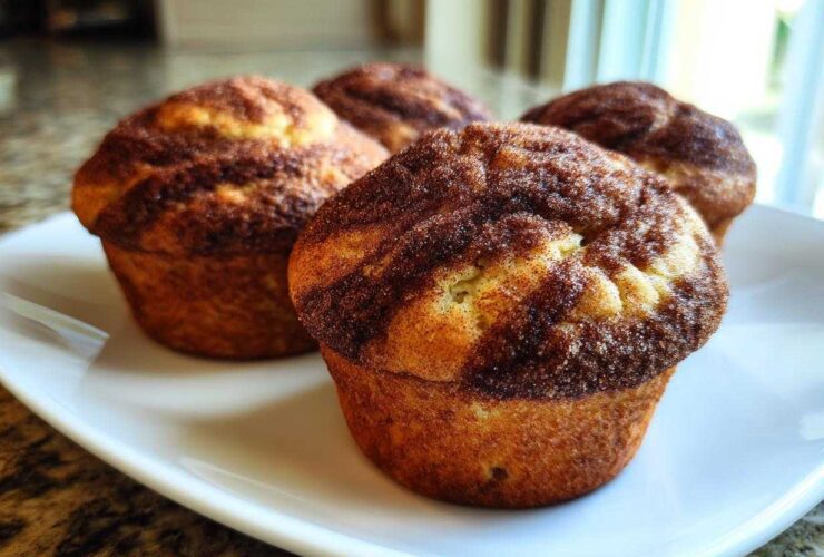 Four freshly baked Greek Yogurt Cinnamon Muffins with a rich cinnamon-sugar swirl topping, presented on a white plate.