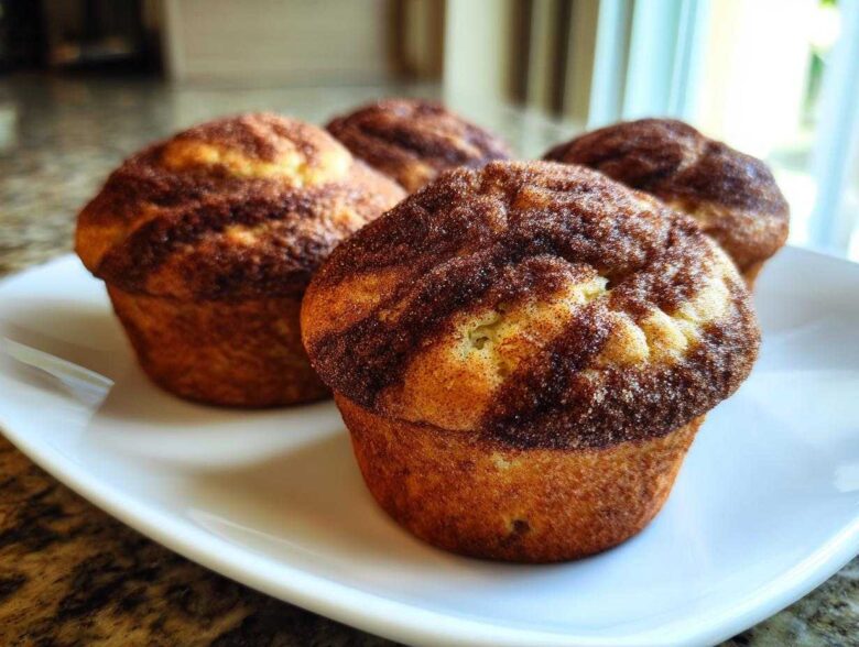 Four freshly baked Greek Yogurt Cinnamon Muffins with a rich cinnamon-sugar swirl topping, presented on a white plate.