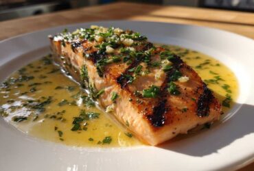 A perfectly cooked piece of Grilled Salmon with Lemon Butter Sauce, topped with fresh herbs and garlic.