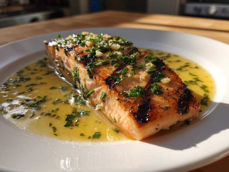 A perfectly cooked piece of Grilled Salmon with Lemon Butter Sauce, topped with fresh herbs and garlic.