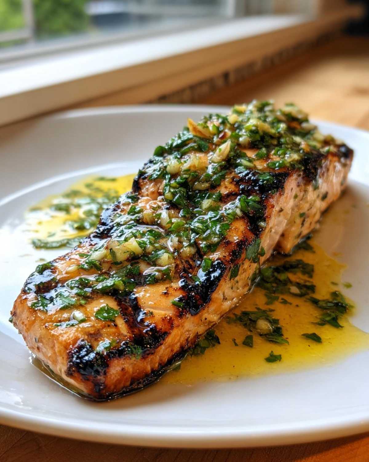 A perfectly cooked fillet of Grilled Salmon with Lemon Butter Sauce, topped with fresh herbs and garlic, resting on a white plate.