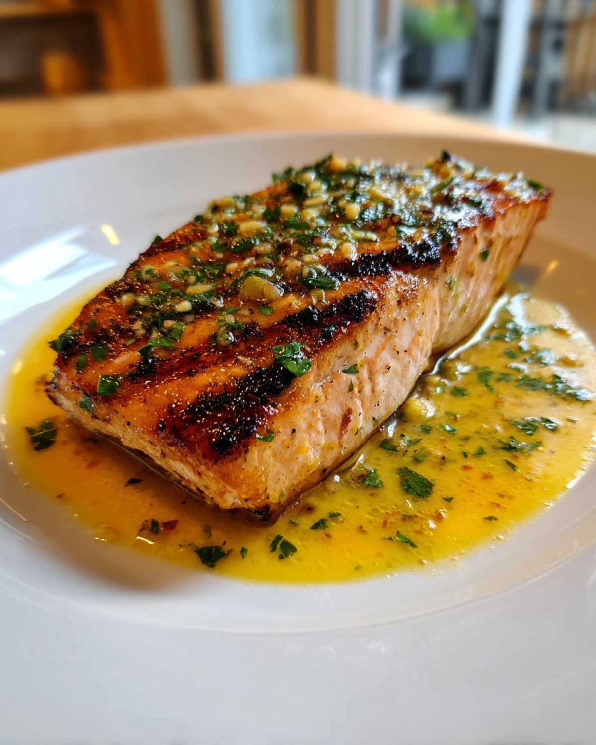 Close-up of perfectly Grilled Salmon with Lemon Butter Sauce, topped with garlic and herbs.