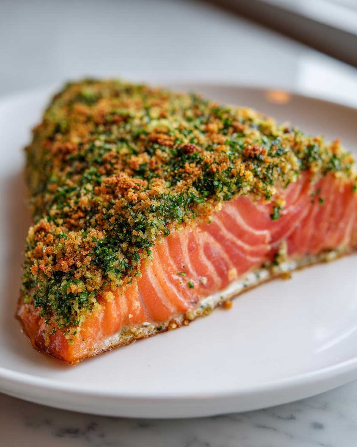 Close-up of a perfectly cooked fillet of Herb-Crusted Baked Salmon with a vibrant green and golden crumb topping.