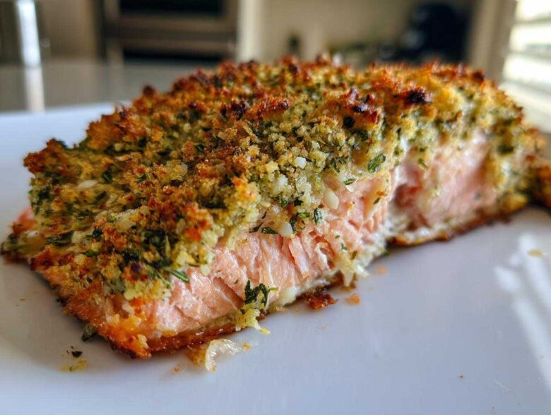 Close-up of a moist fillet of Herb-Crusted Baked Salmon showing the flaky pink interior and golden, crunchy herb topping.