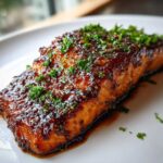 Close-up of a perfectly cooked Honey Garlic Salmon fillet covered in a shiny, dark glaze and topped with fresh chopped parsley.