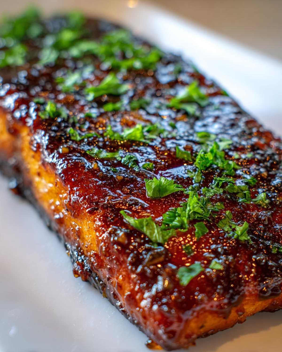 Close-up of a perfectly cooked Honey Garlic Salmon fillet with a thick, glossy glaze and fresh parsley.