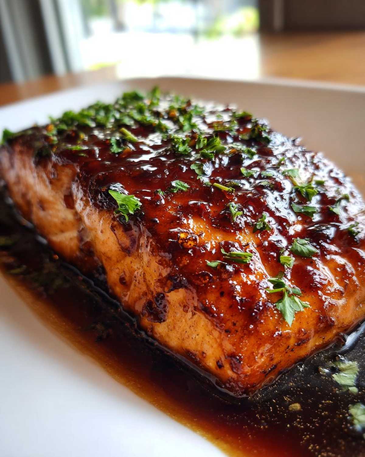 Close-up of a perfectly cooked Honey Garlic Salmon fillet covered in a rich, dark glaze and topped with fresh chopped parsley.