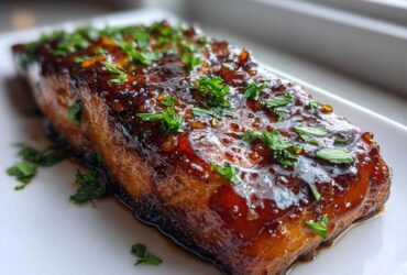 Close-up of a perfectly cooked Honey Garlic Salmon fillet covered in a thick, glossy glaze and sprinkled with fresh parsley.