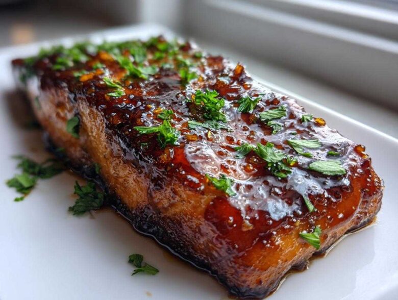 Close-up of a perfectly cooked Honey Garlic Salmon fillet covered in a thick, glossy glaze and sprinkled with fresh parsley.