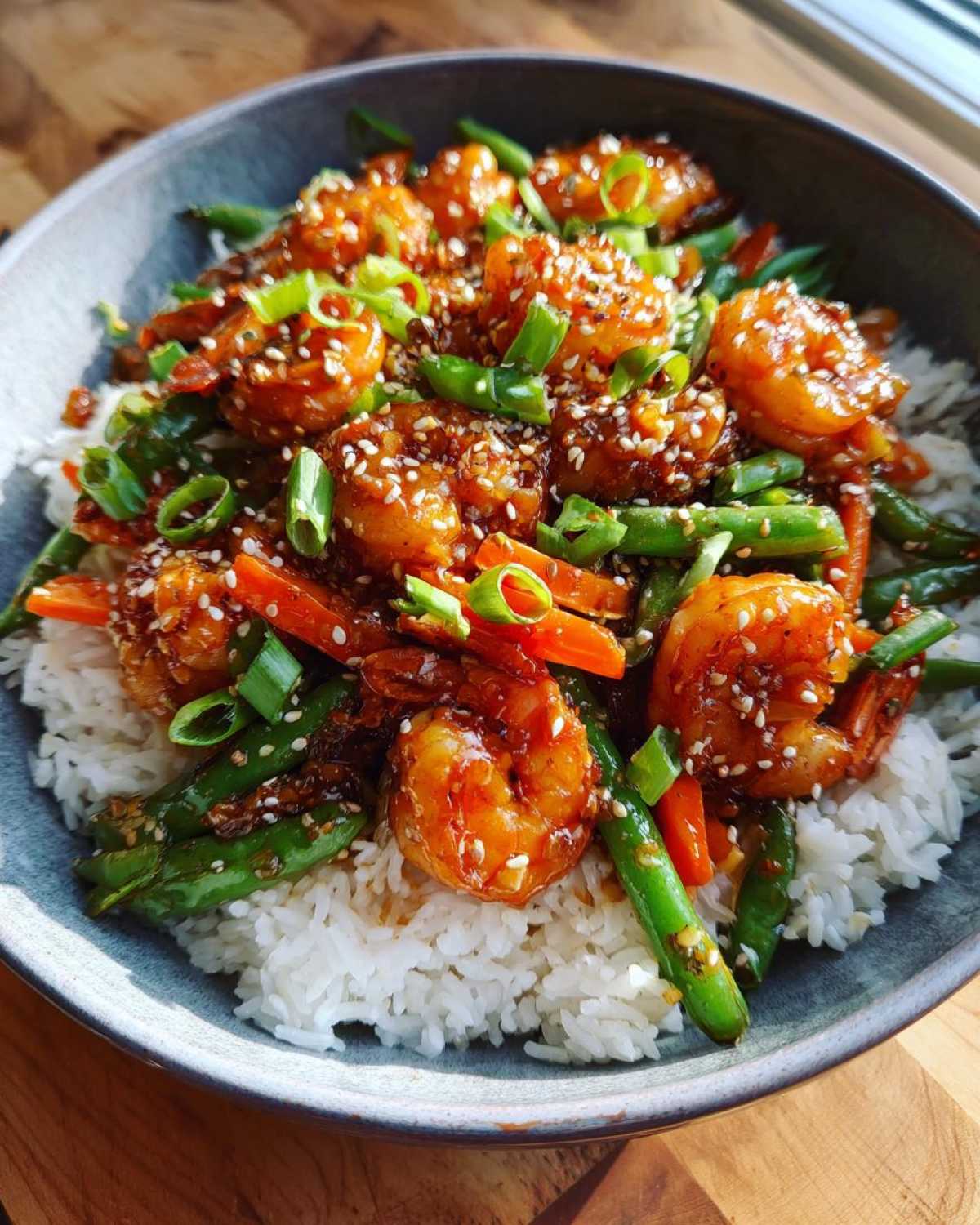 Close-up of Honey Garlic Shrimp Bowls featuring glazed shrimp, green beans, carrots, and sesame seeds over white rice.